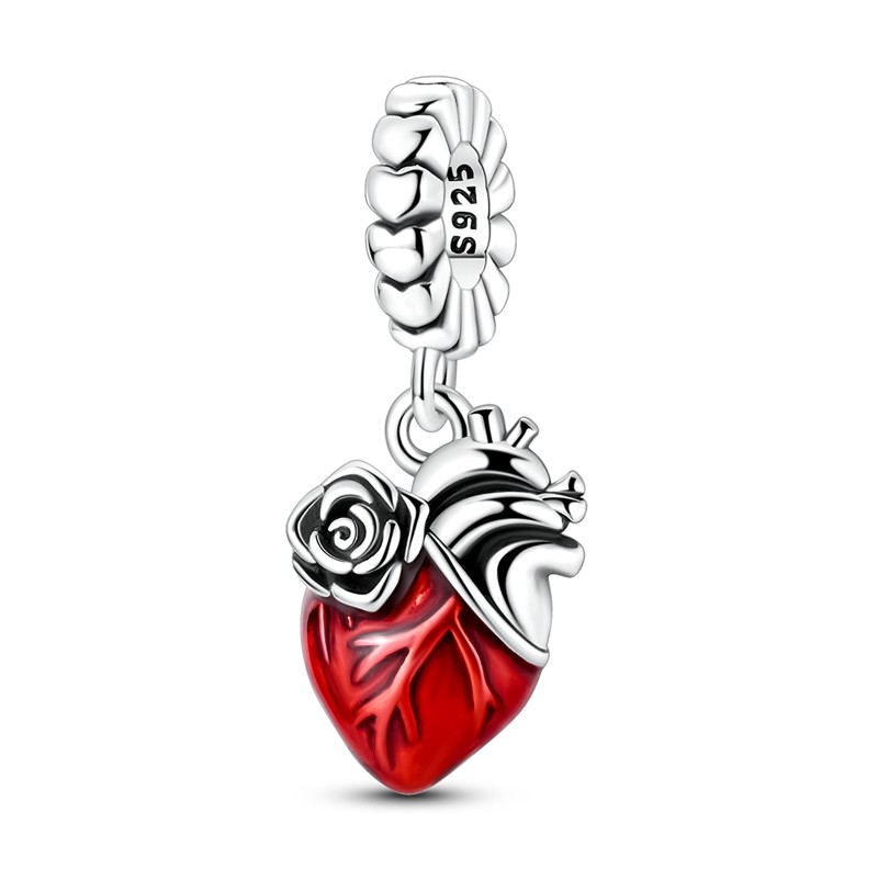 MULA 925 Sterling Silver DIY Charm Red Rose Heart Pendant for Women Bracelet