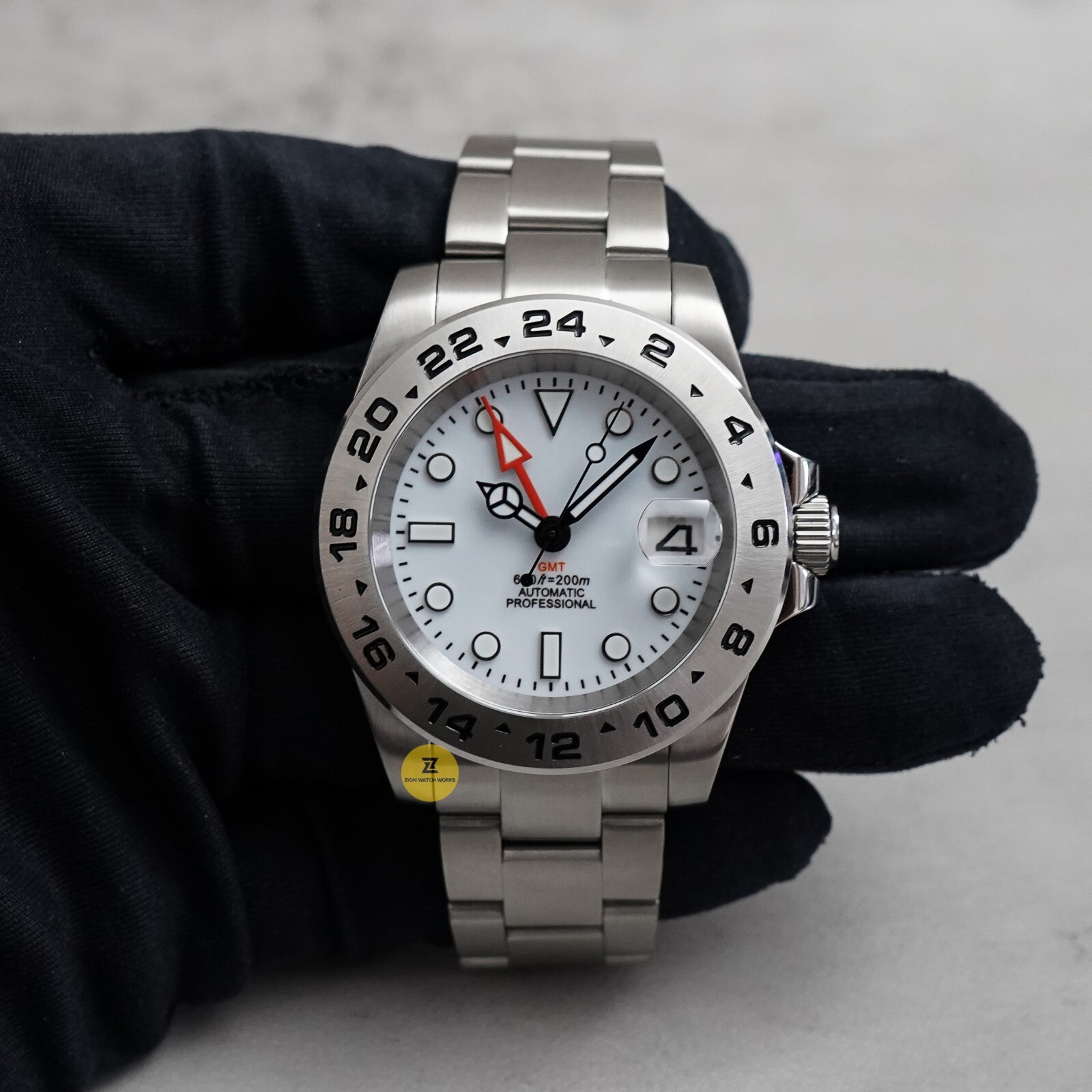 40mm White Custom Explorer 2 GMT Mod Watch NO LOGO w/ NH34 Automatic Mvmt