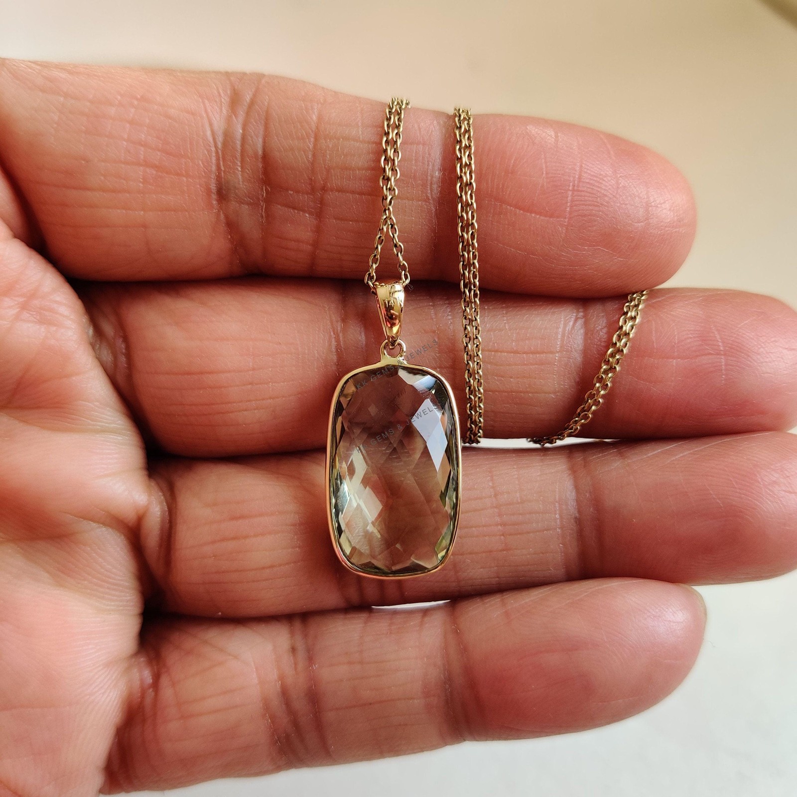 11.70 Ct Natural Green Amethyst Pendant 14K Gold Bezel February Birthstone Gift