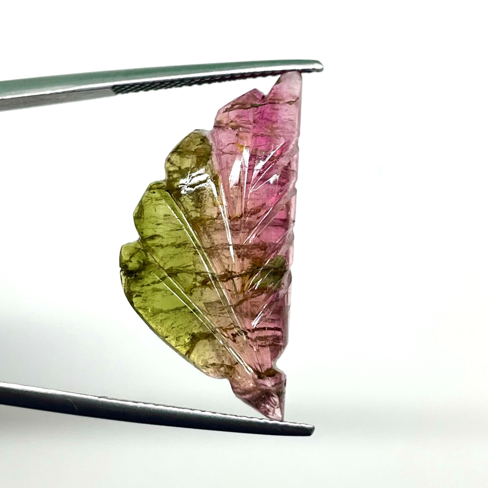 15.2 Cts Bi-Color Carved Natural Tourmaline Leaf Gemstone Pink Green for Jewelry