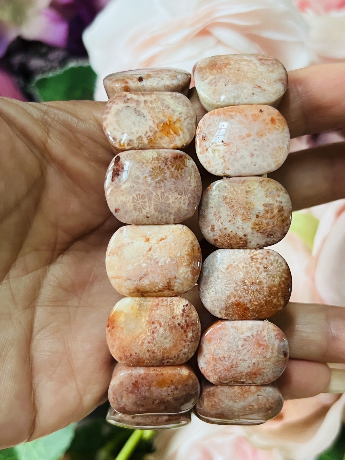 Natural Indonesian Agatized Coral Fossil Beads Stretch Bracelet Bangle