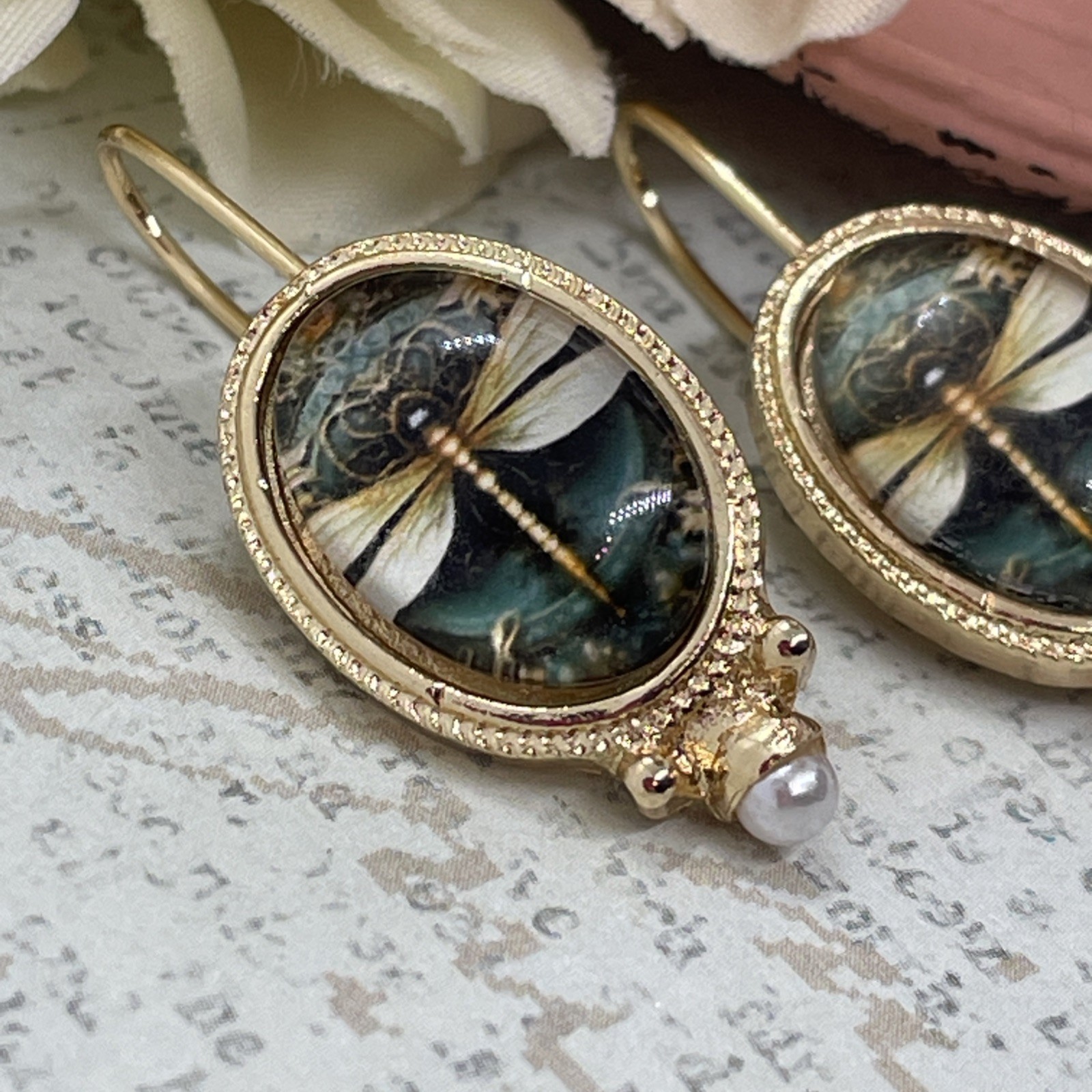 Gold plate Pearl Dragonfly Wire Purple Earrings Spring Gift Mom Birthday Wife