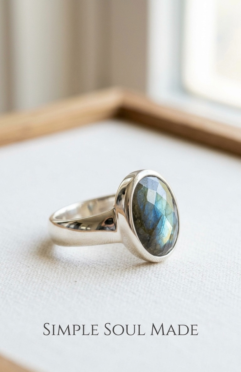 925 Sterling Silver Faceted Labradorite Ring Oval Statement Ring Handmade