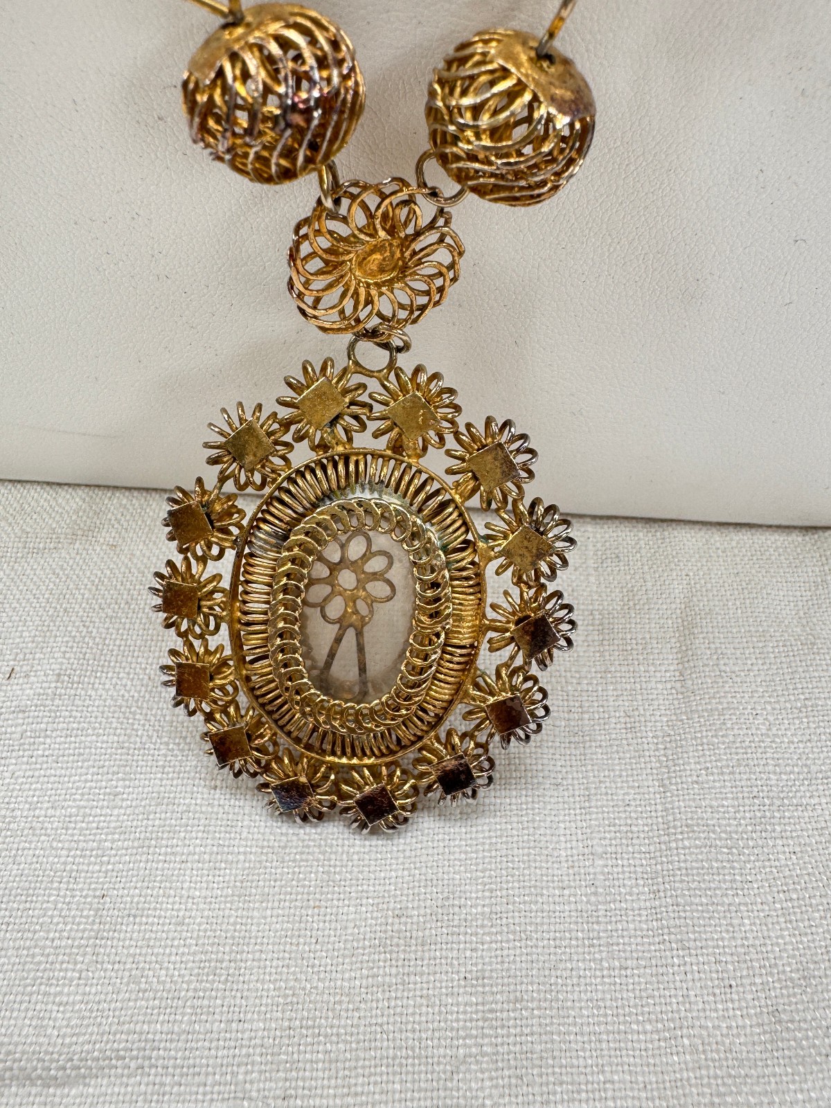 Philippines Tambourine Reliquary Gilt Copper Filigree Pendant Necklace Rosary