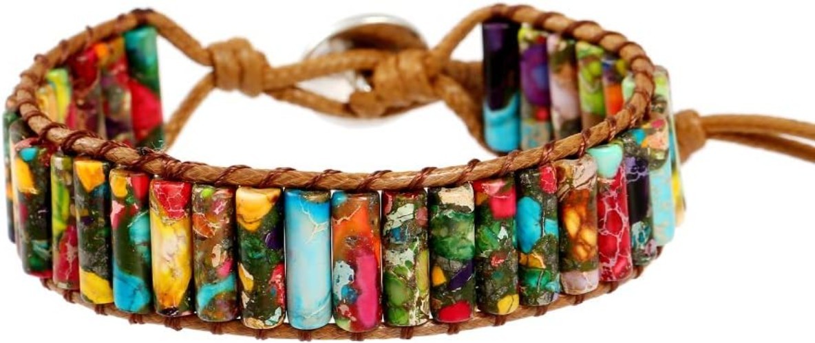Artisan Crafted Natural Jasper Leather Wrap Bracelet – 6.5 Inch Adjustable Fit