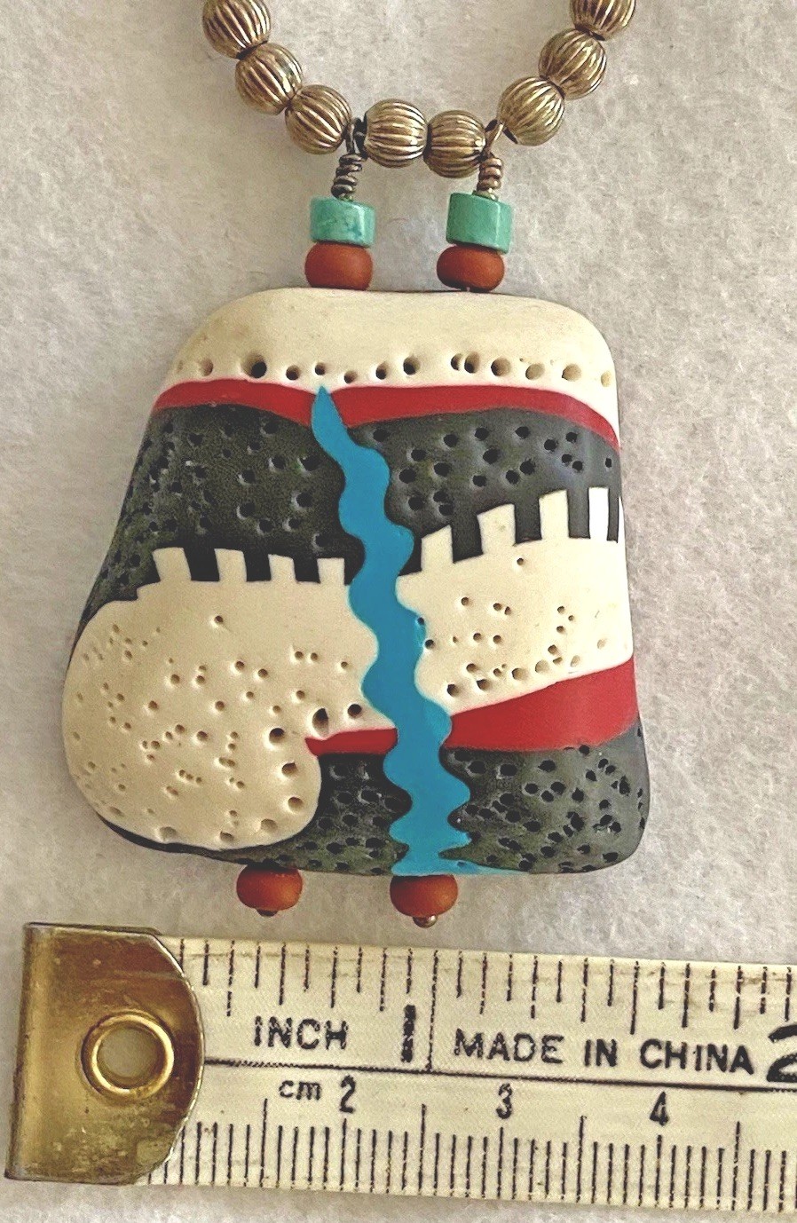 Pueblo Painted Clay Signed Pendant, Southwest Turquoise & Coral Chips on cord