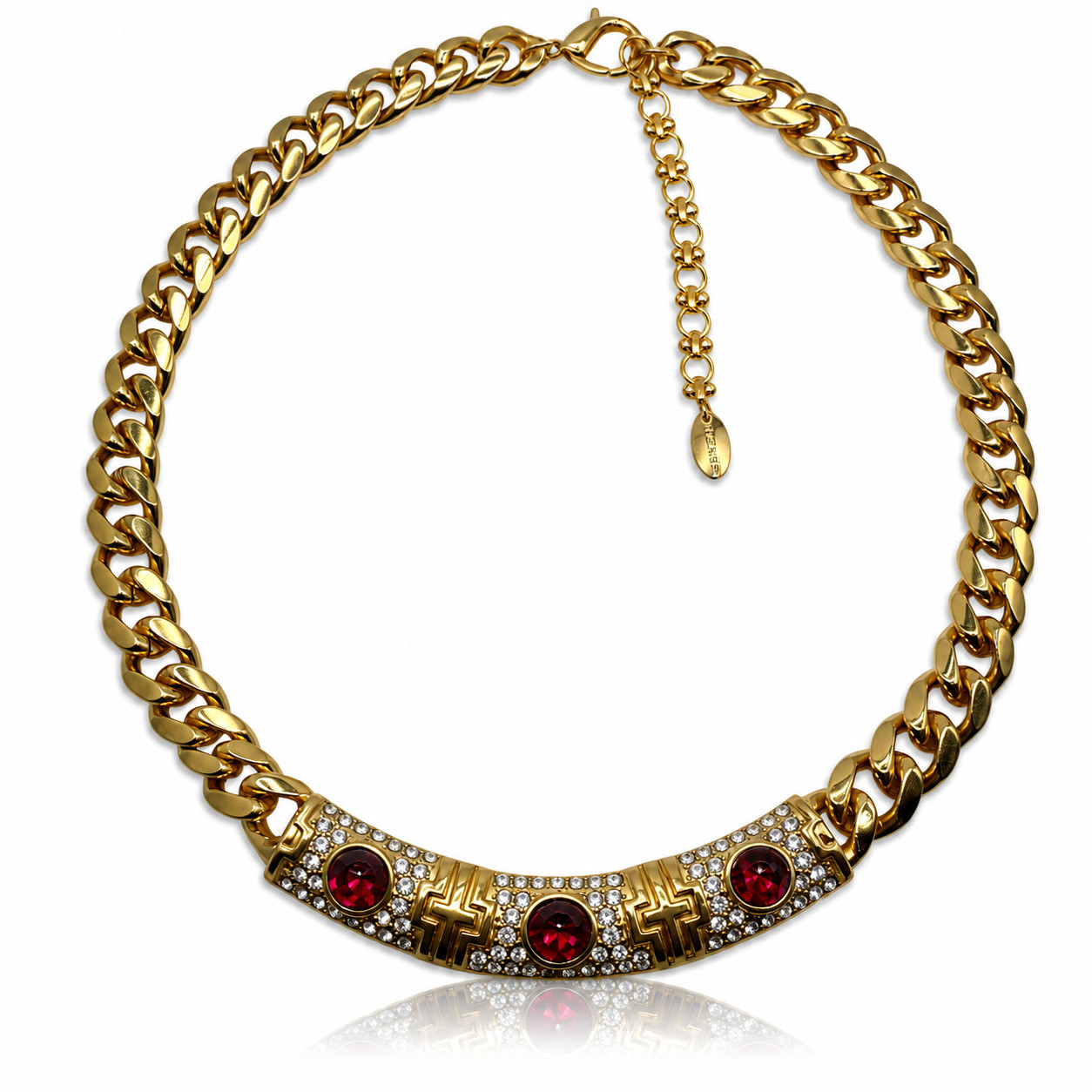 Catwalk Jon Chunky Gold Tone Necklace Rich Red Stones & White Rhinestones NEW