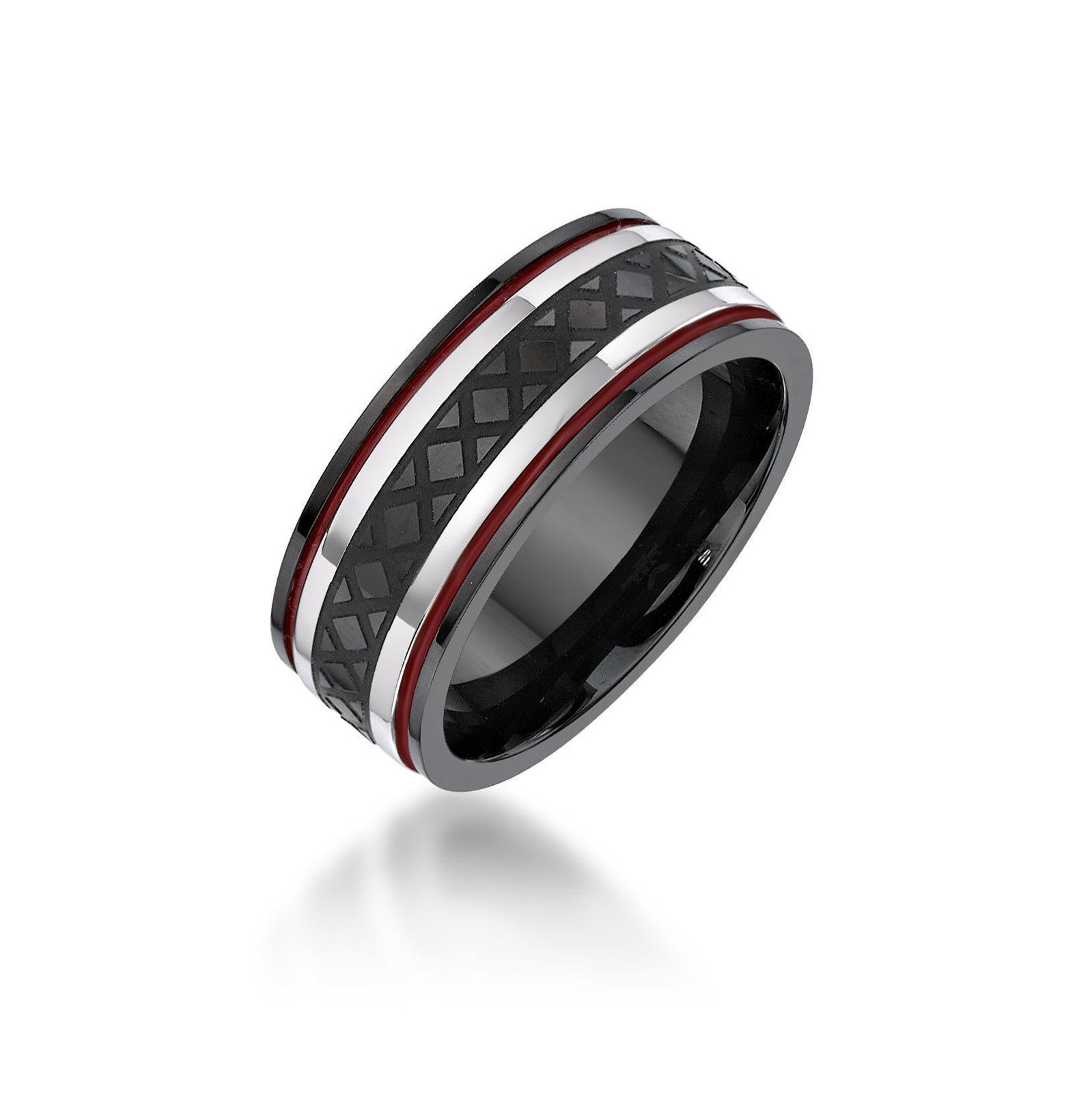 Stainless Steel Black Ion Plated Modern Striped Mutli-Color Red Resin Ring Sz 12