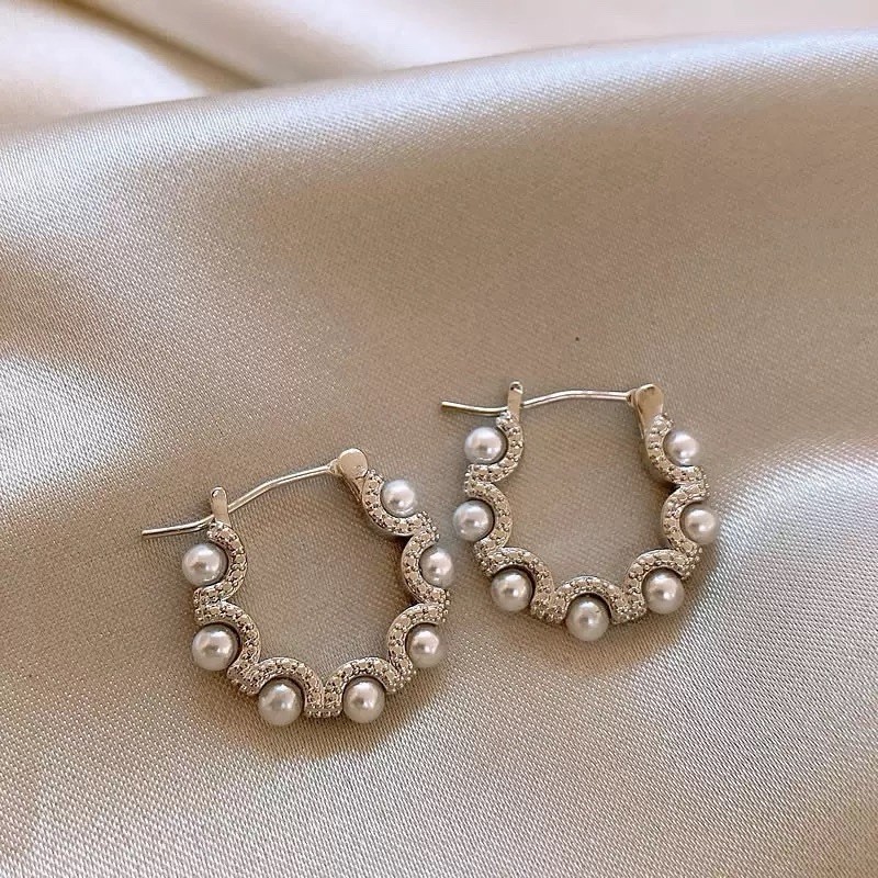 Silver Pearl Hoop Earrings Round Elegant Huggie Hoop Earrings Bridal Jewelry 396