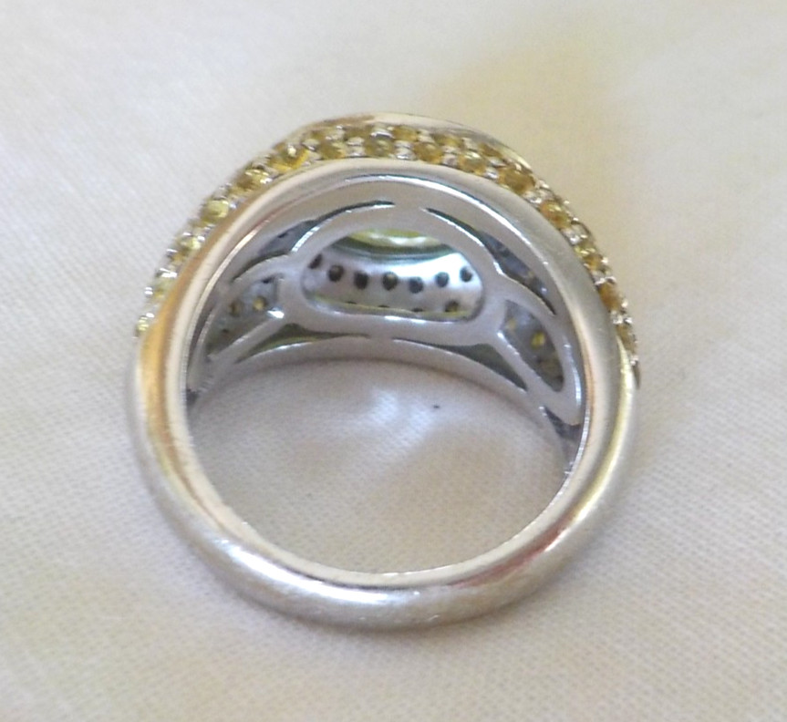 Heavy 18K White Gold Peridot Sapphire Diamond Ring – 12.6 gms, Sz 5.75, 4.90 ctw