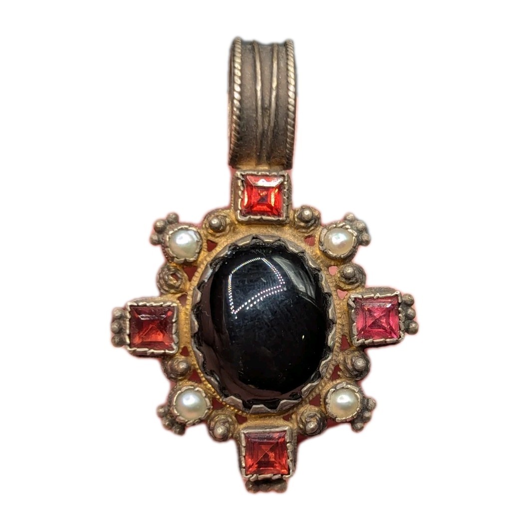 Gold Over Sterling Silver Black Red Stone Etruscan Design Cross Pendant *Read*