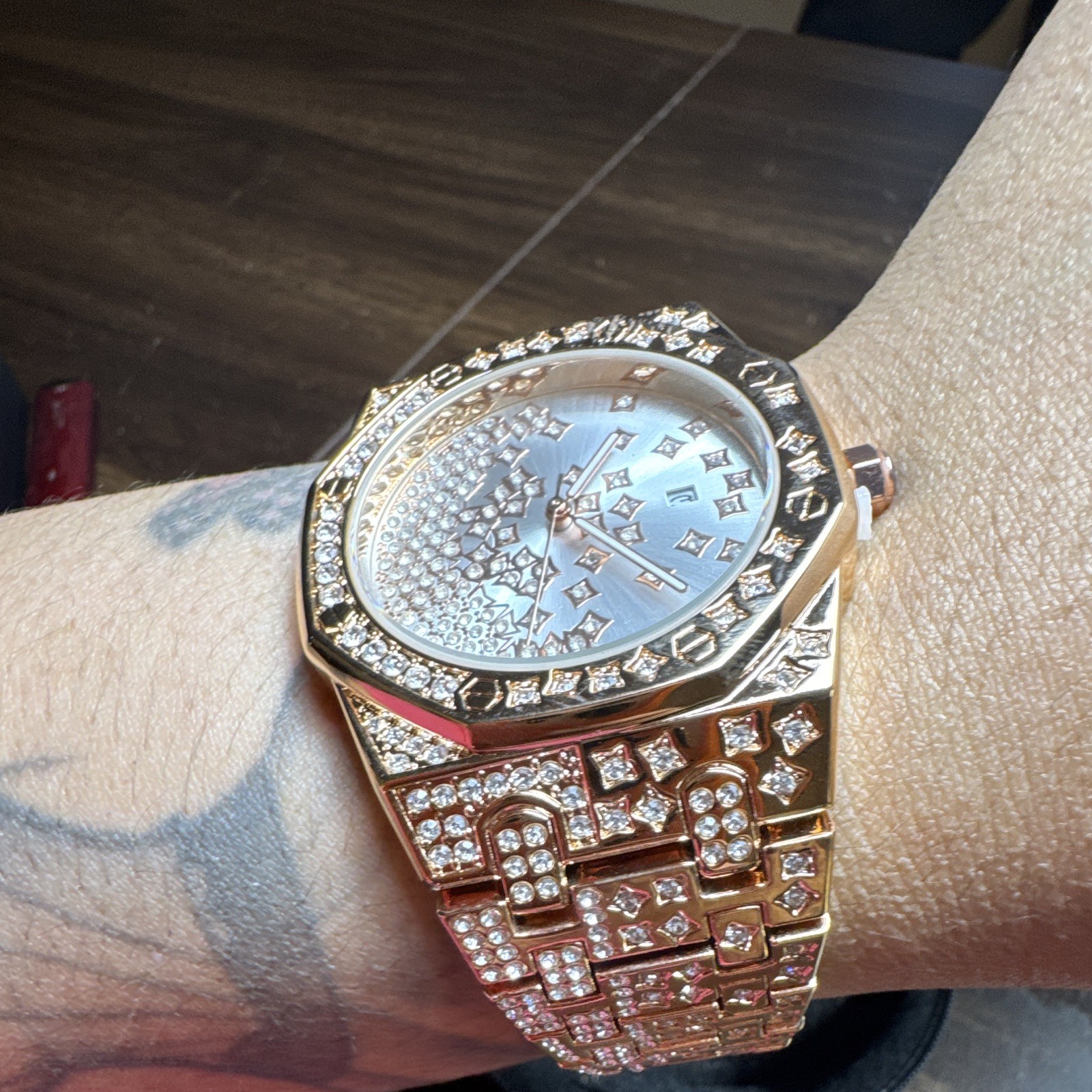 Ice Ghost Daytona Quartz Gold Tone Octagon Diamond Bezel Bracelet Date