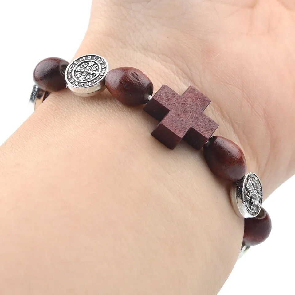 Catholic Town bracelet with St Benedict alloy beads, oval wood beads and cross
