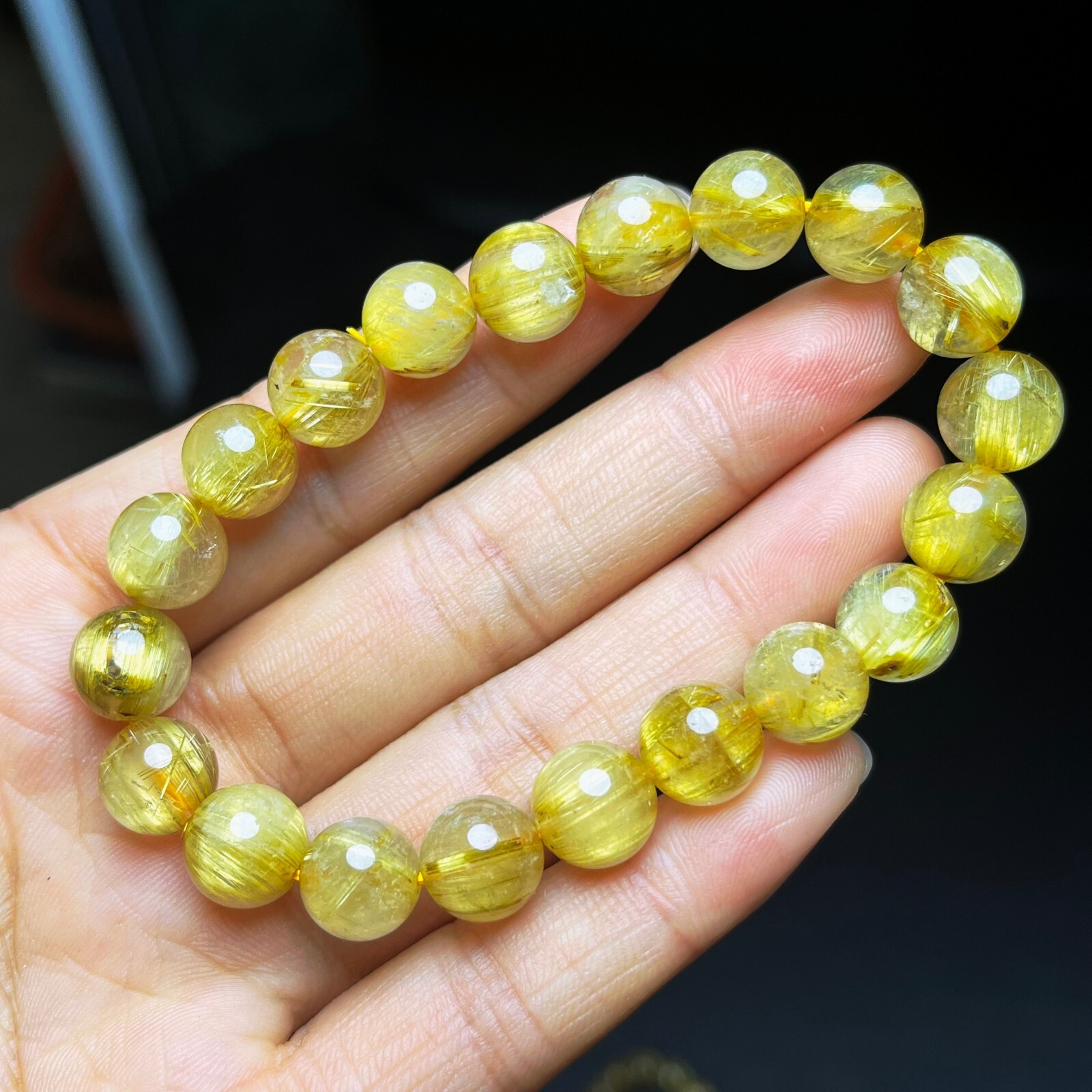 9.7mm Natural Gold Rutilated Quartz Stretch Crystal Beads Bracelet AAAA B27