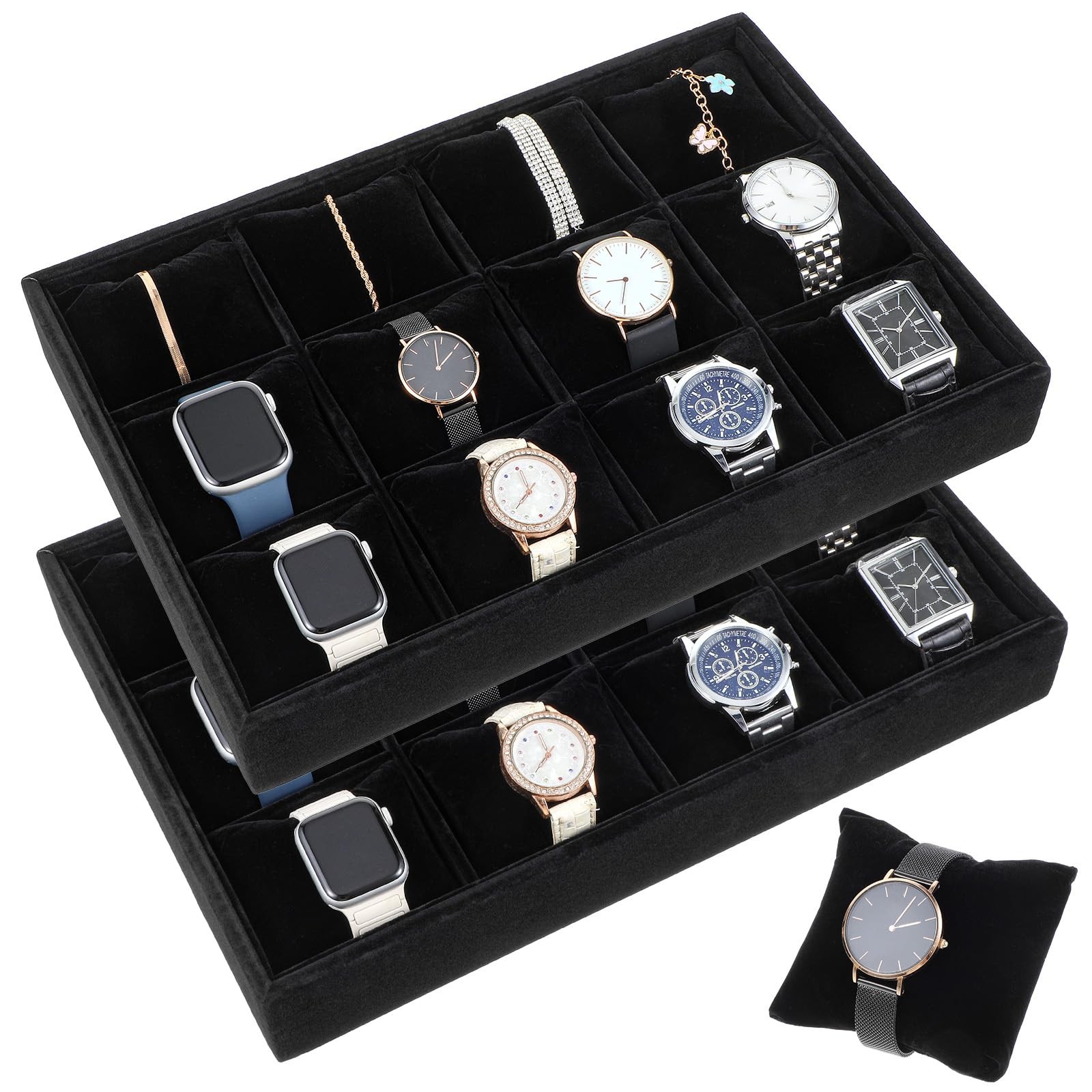 Tobeelec 2 Pcs Velvet Watch Tray Jewelry 13.77 x 9.44 x 1.96 inches, Black