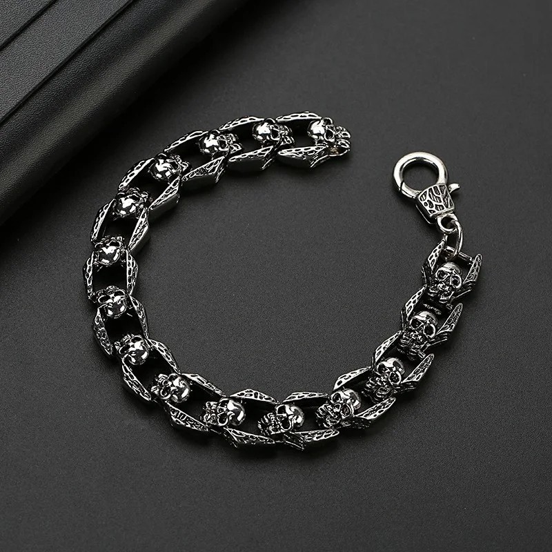 Men’s Vintage Silver Skull Chain Bracelet Heavy Punk Gothic