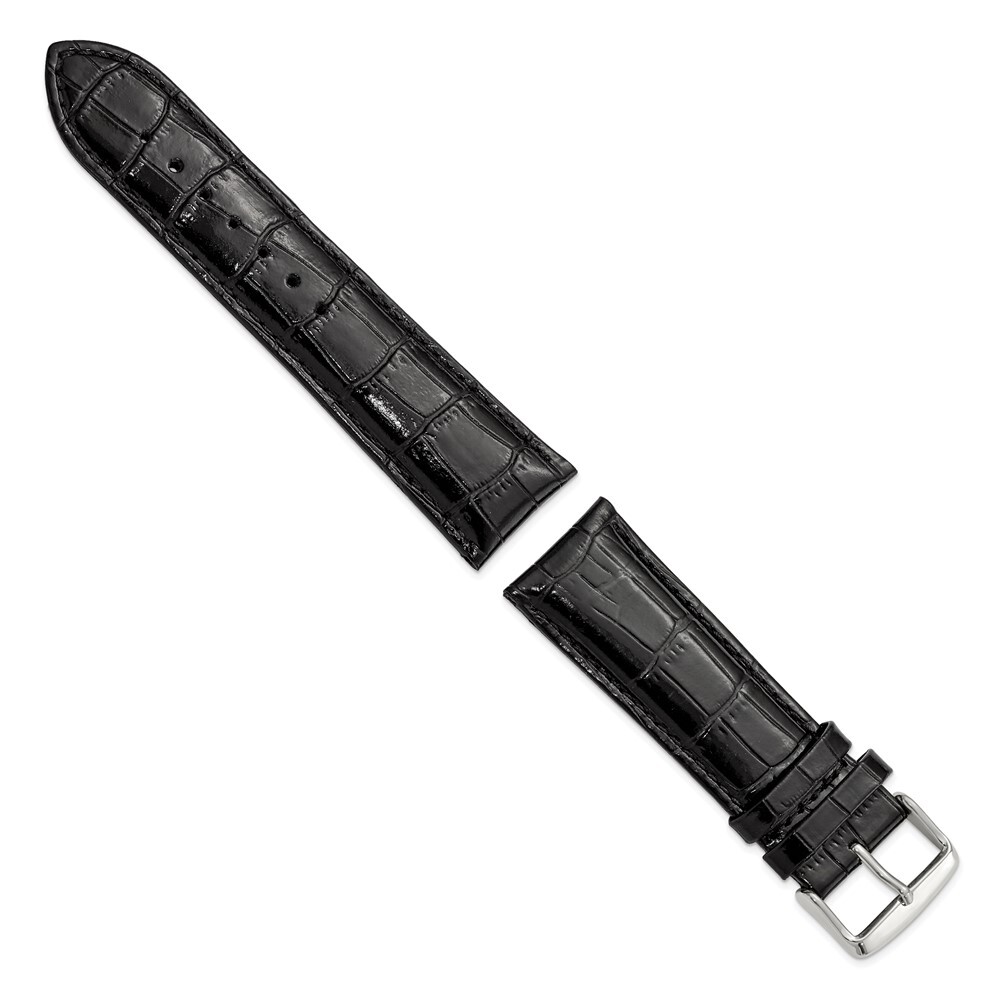 24mm 7.5″ Black Crocodile-Style Leather Chrono Silver-tone Buckle Watch Band