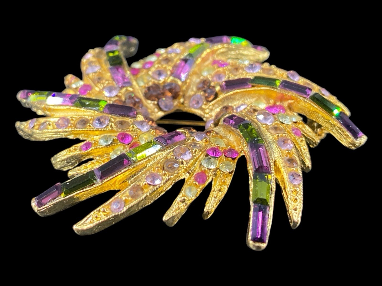 Vintage PELL Colorful Round Baguette Rhinestone Crystal Swirl Wreath Brooch