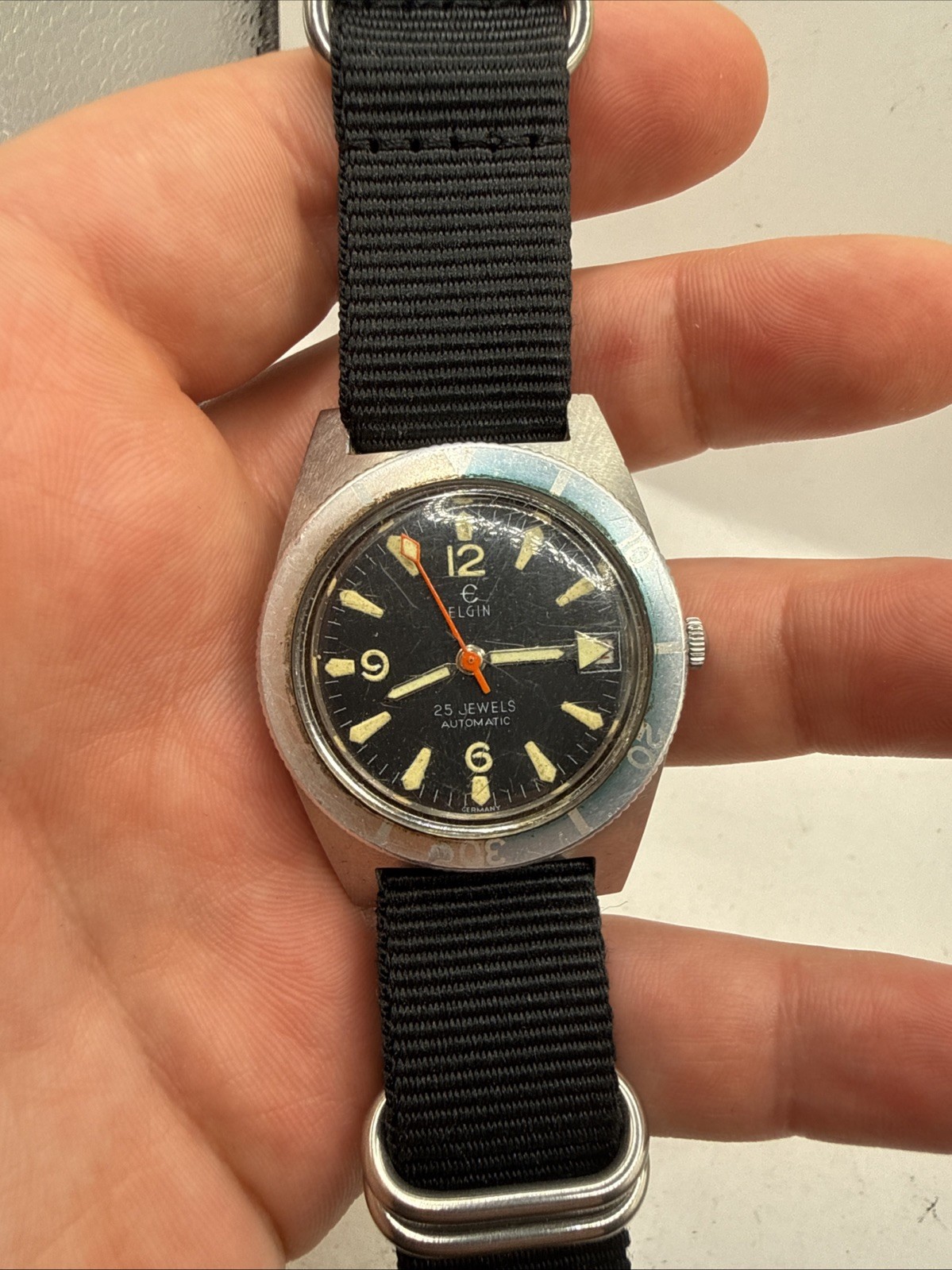 VINTAGE 1960s Elgin Skin Diver Watch 25 Jewels Automatic Ghost Bezel Mens RUNS