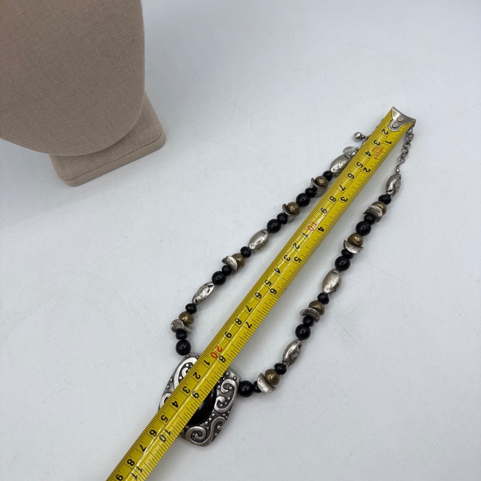 Chico’s Statement Necklace Black Silver Gold Scroll Pendant Boho Tribal Artisan