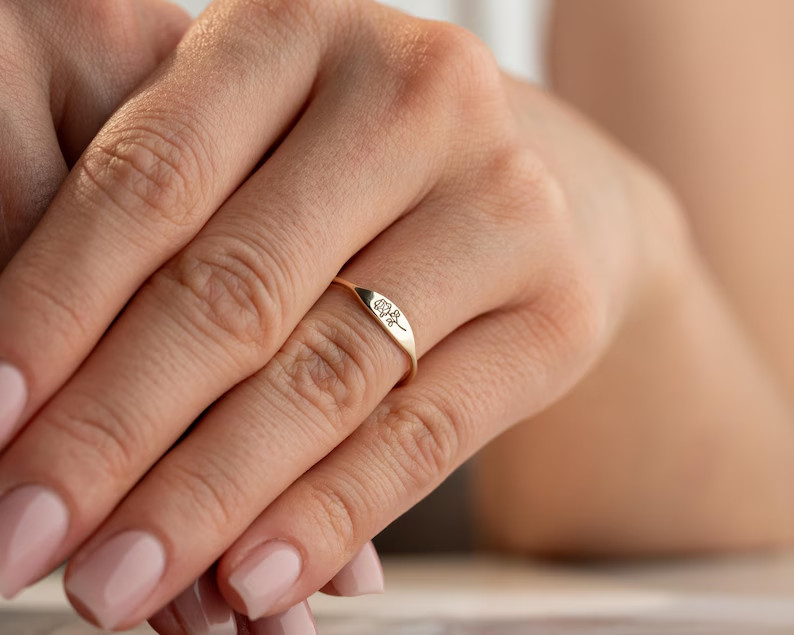 Engraved Birth Flower Minimalist Ring, Stackable Ring 14K Yellow Gold Plated