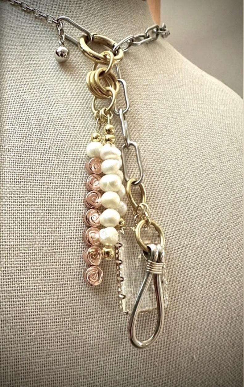 Handcrafted Assemblage Metal & Pearls Carabiner Charm Necklace w/ Pearls