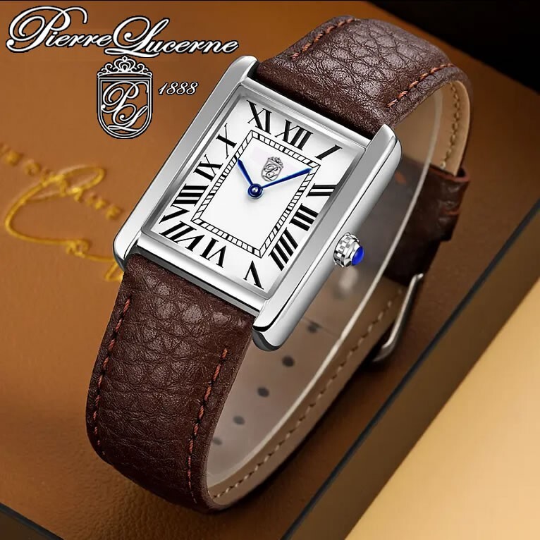 Iconic Swiss Design Pierre Lucerne 1888 Vintage Style Tank Mens Watch Brown Band