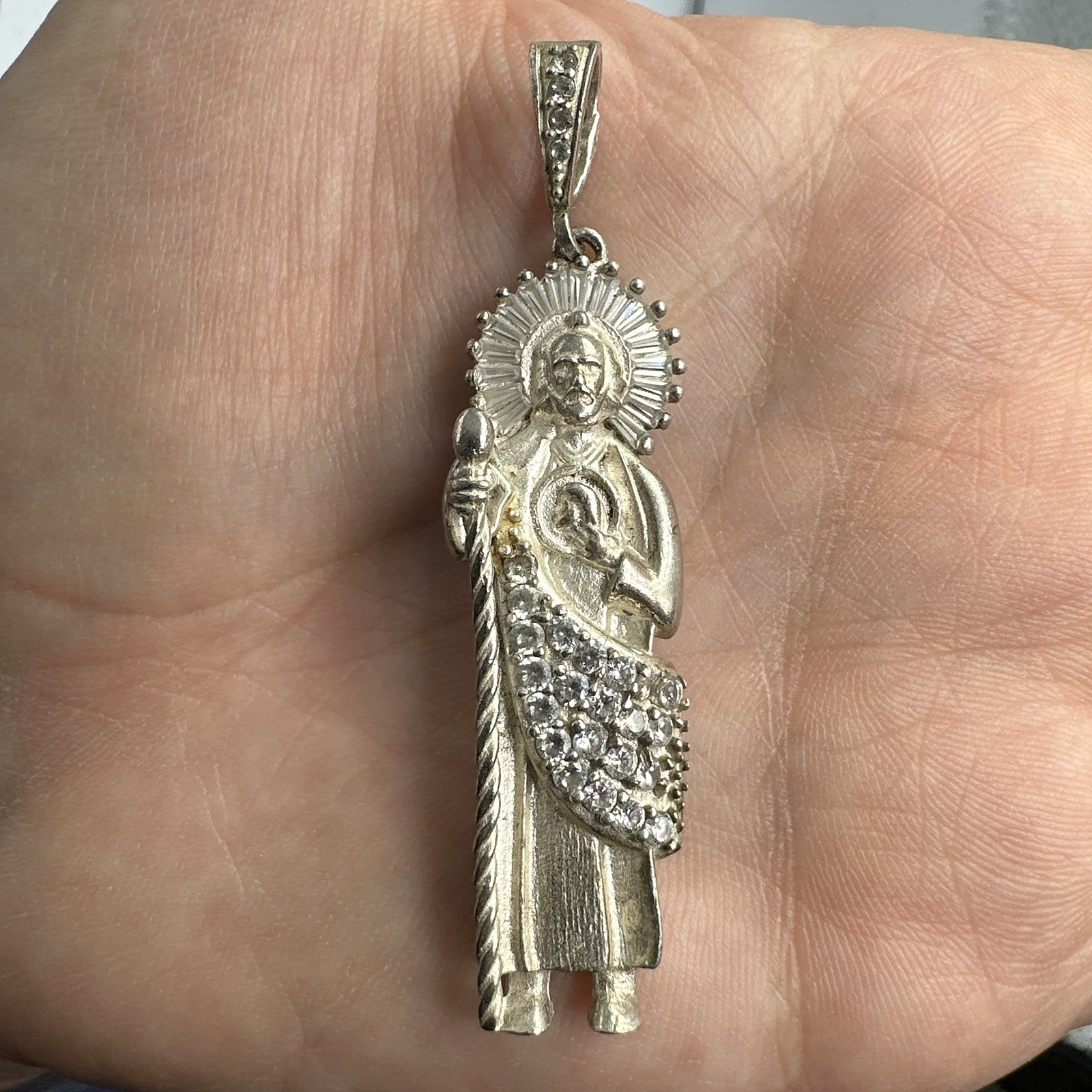 Vtg Large Sterling Silver CZ 3D St Jude Thaddeus San Judas Tadeo Pendant Unisex