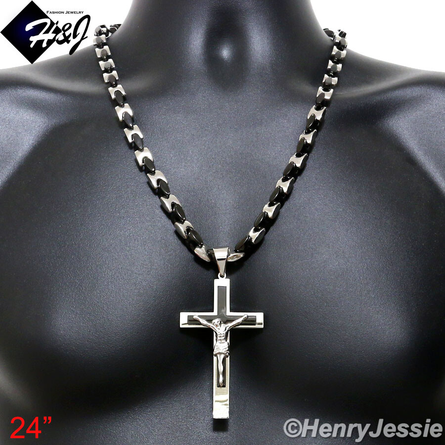24″MEN Stainless Steel 8mm Black Plated Interlock Bone Chain Necklace Pendant*J1