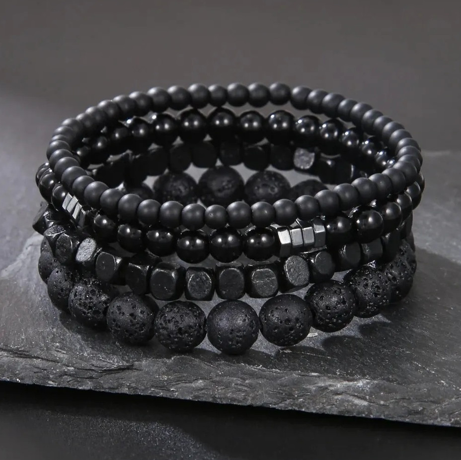 4pcs Black Stone & Wood Bead Elastic Bracelet Set for Men Women NEW