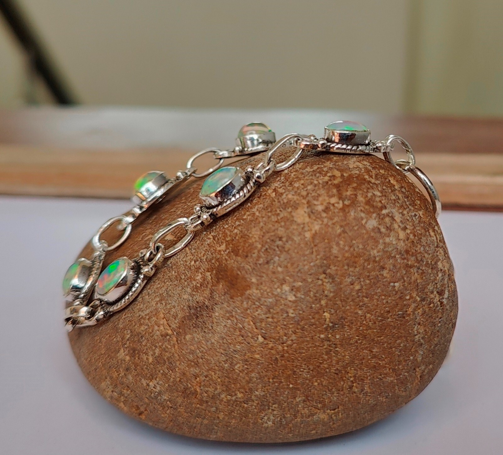 Opal Rainbow Gemstone Bracelet 925 Sterling Silver Beautiful Adjustable PG317