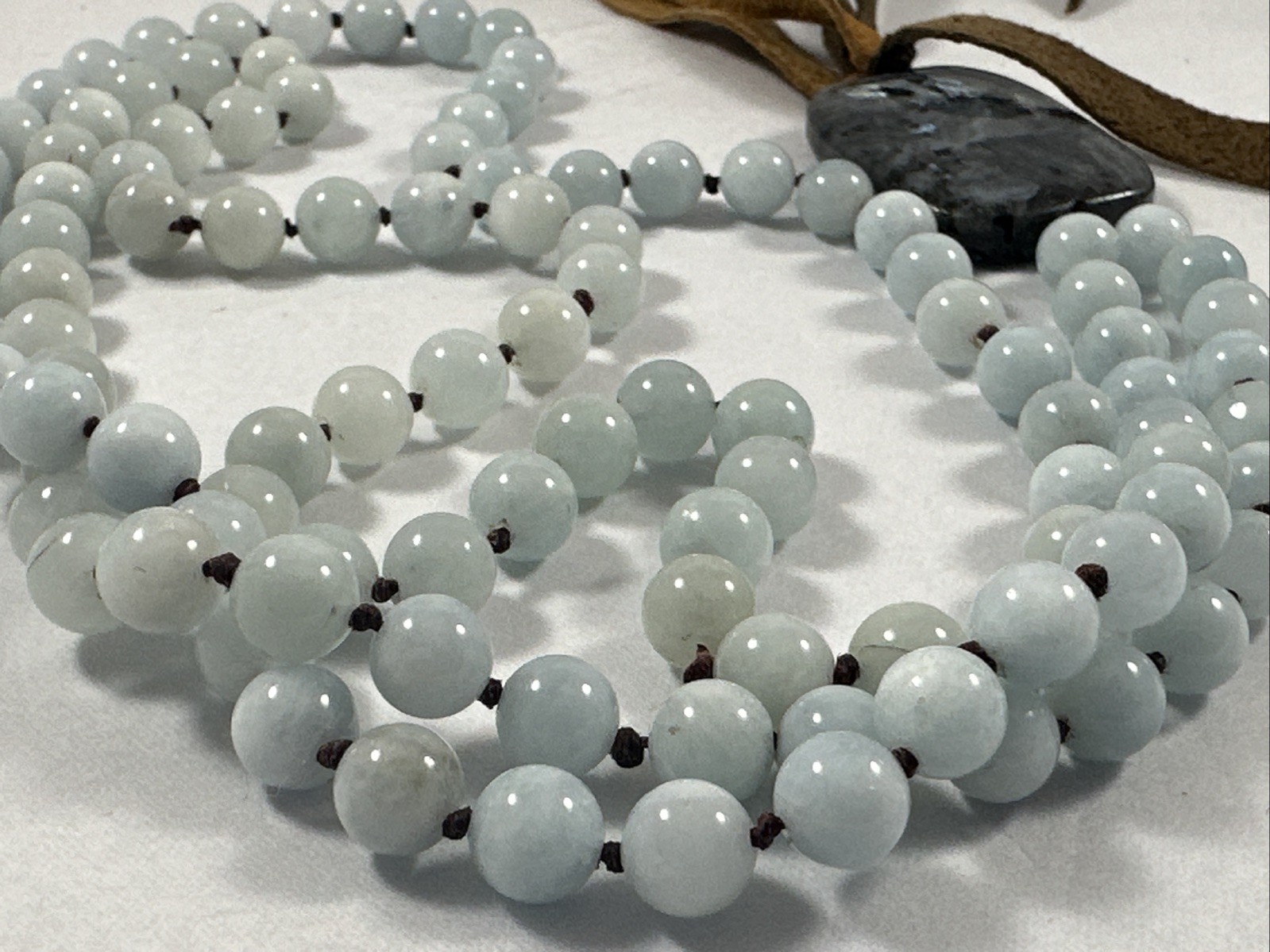 Silver Shimmer Larvikite Pendant ~ Hand Knotted Snowy Jade Beads 26″ Necklace