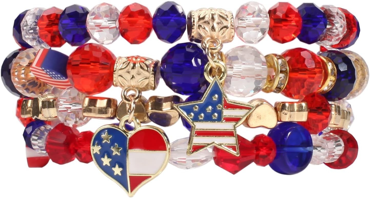 Stackable Patriotic Bracelets – 5 Piece Adjustable Beaded Set for 4th of July