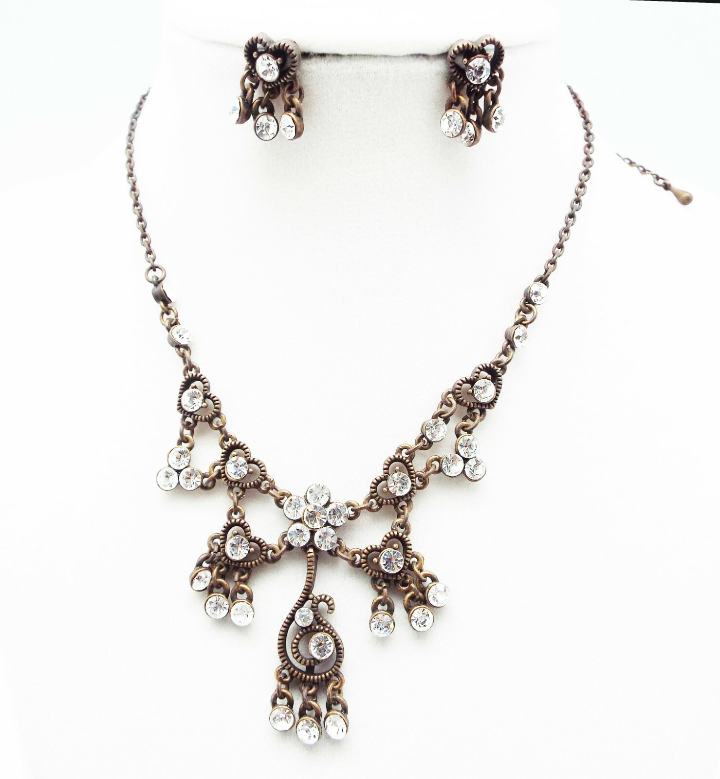 DESIGNER INSPIRED CLEAR MULTI CRYSTAL SILVER FLORAL DROP DANGLE JEWELERY SET NEW