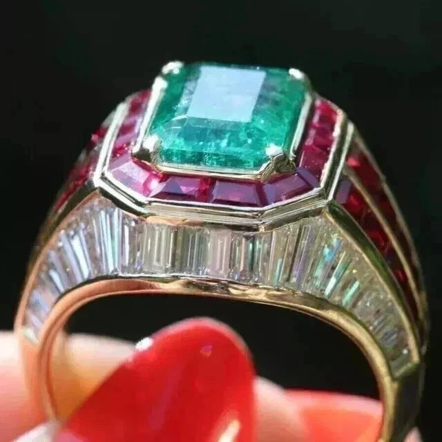 3.15Ct VVS1 Lab-Created Emerald & Ruby Men’s Anniversary Ring 14K Yellow Gold FN