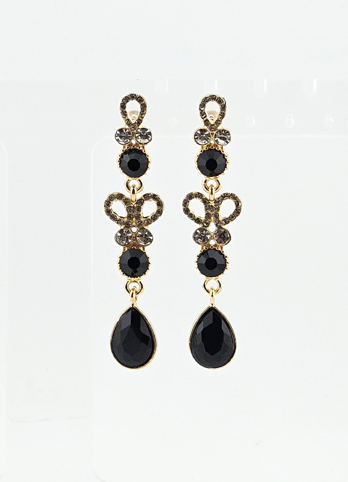 Gold Tone Dangle Earrings With Black & Clear Rhinestones J3-4486