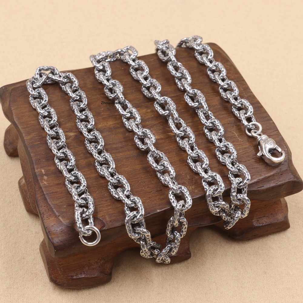 Real 925 Sterling Silver 6.5mm Hammered Cable Chain Necklace 21.6″L Jewelry Gift