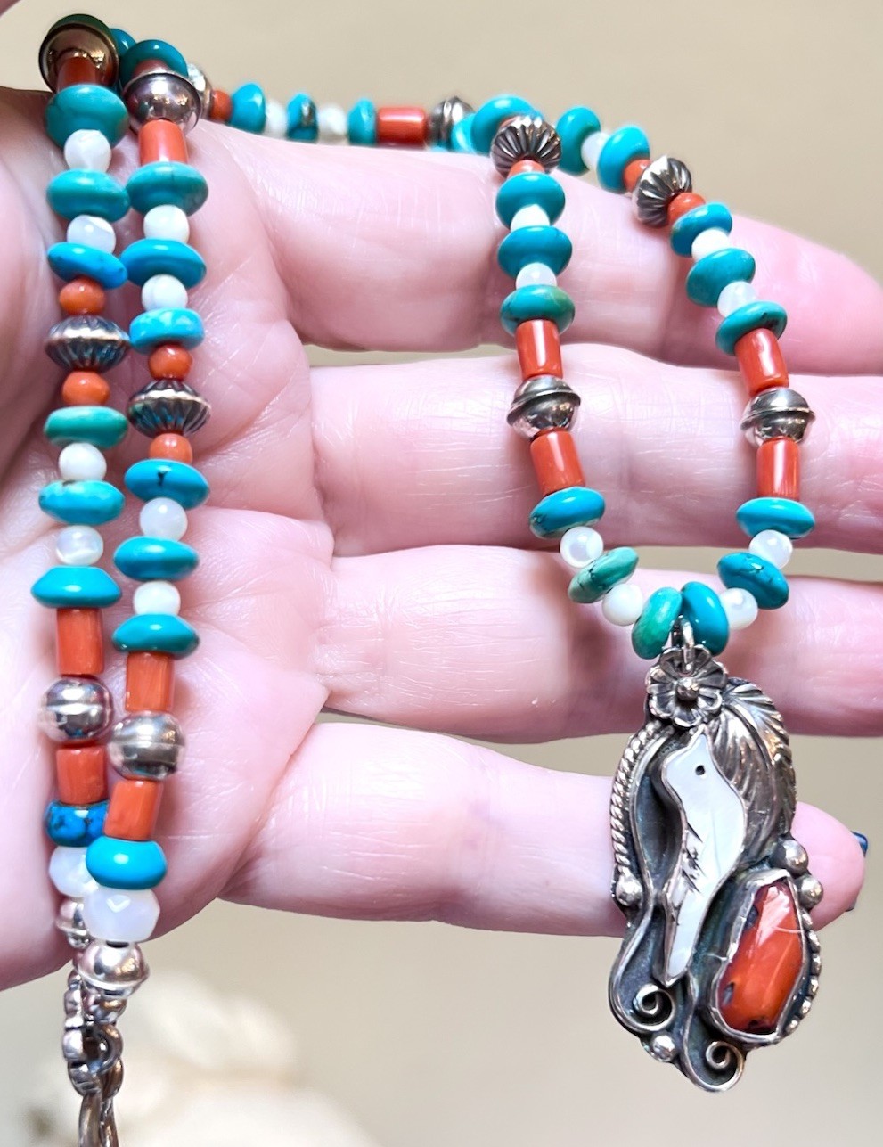 LOVELY Native, Navajo Signed Sterling Silver Turquoise, Coral, Etc Bird Necklace