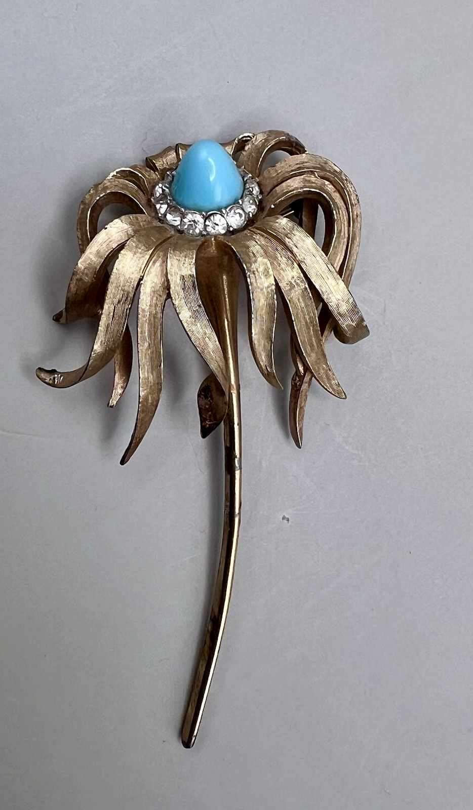 Vintage MARCEL BOUCHER Brooch Faux Turquoise & Rhinestone Flower 7849P SIGNED