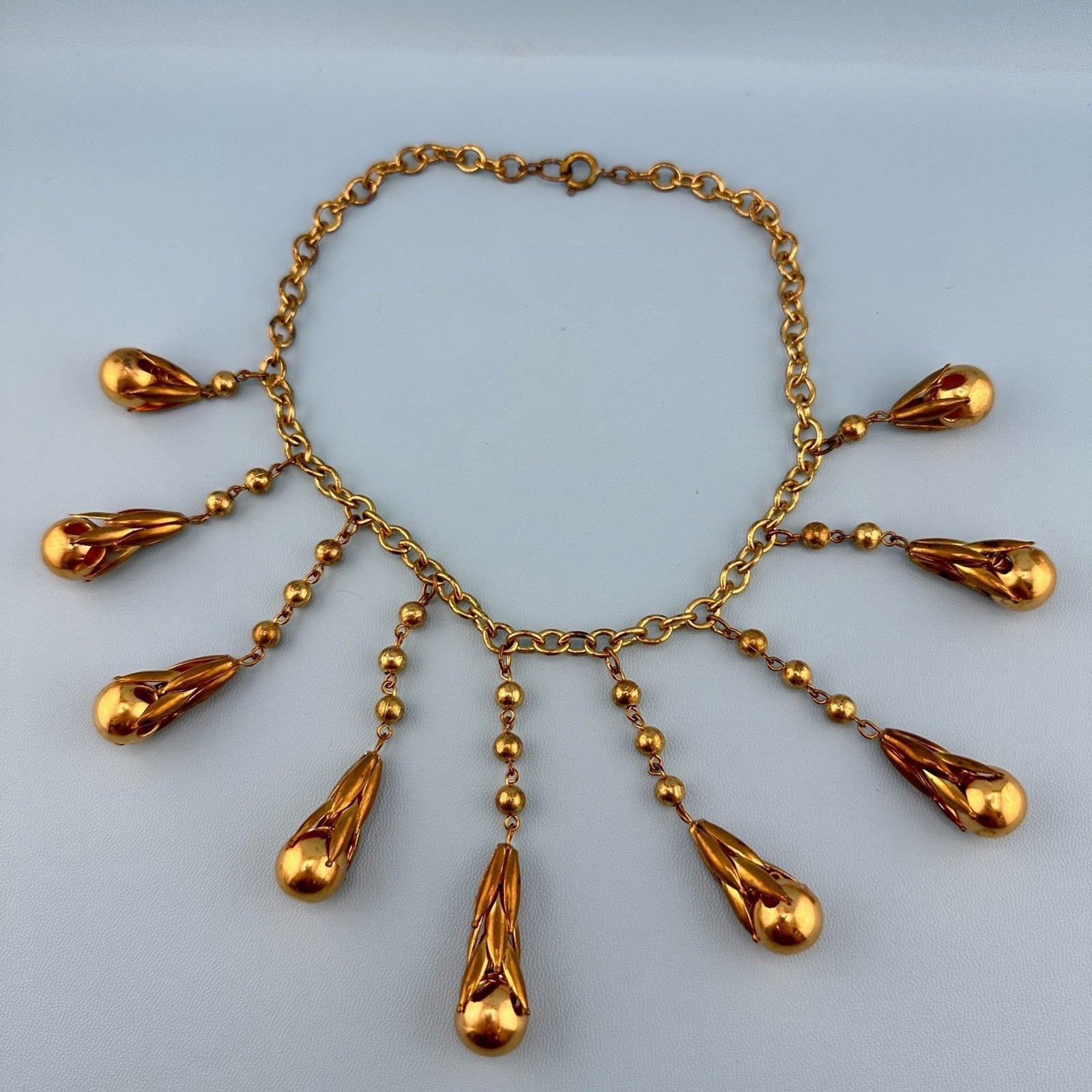 Vintage Art Deco Necklace Fringe Chain Gold Tone Etruscan Revival Statement
