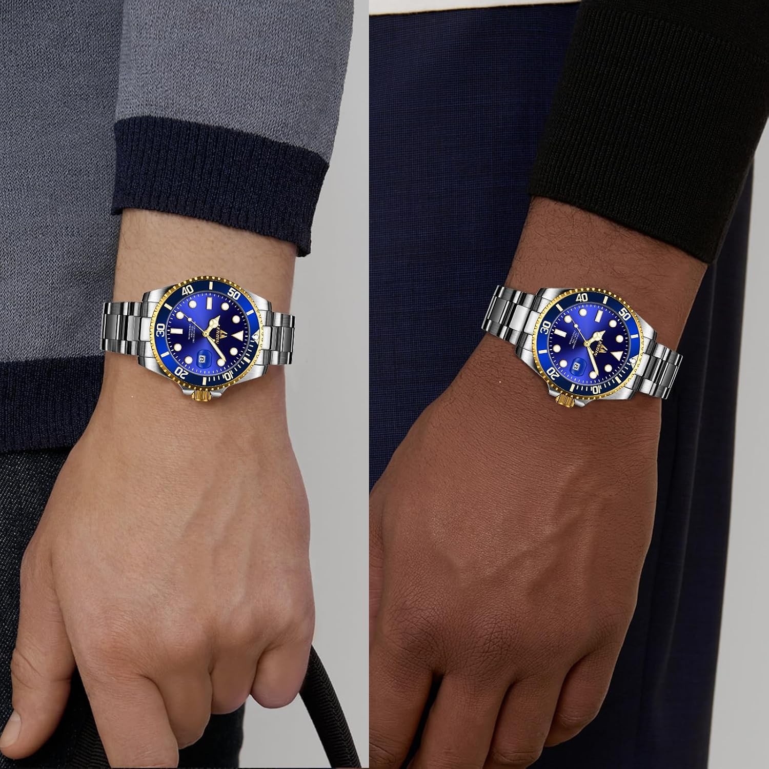 LN LENQIN Mens Analog Quartz Watch 39mm Silver Gold Blue Steel Bracelet Date 50m
