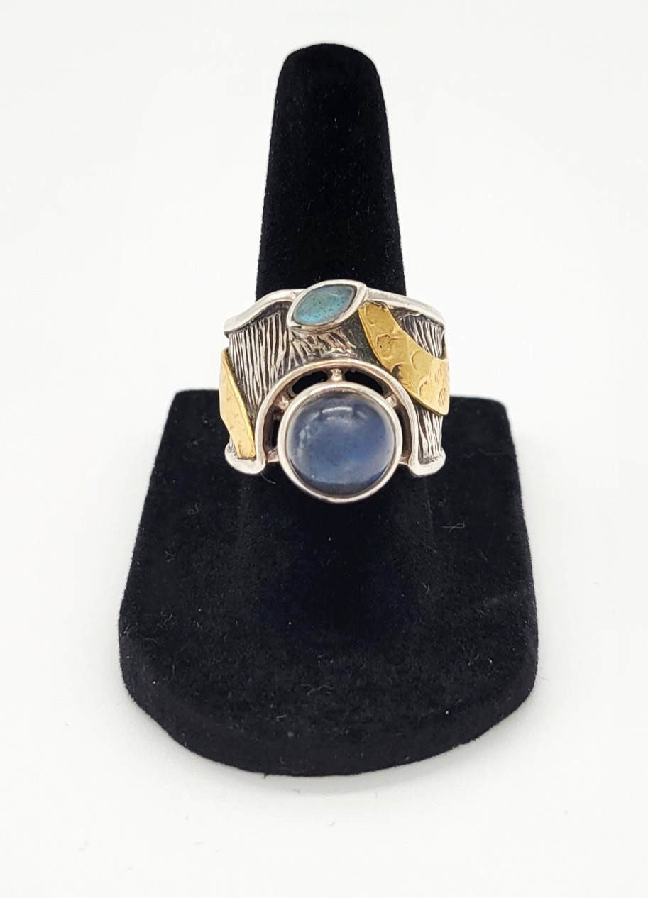Sterling Silver 925 Moonstone Blue Tourmaline Gold Accent Artisan Ring Sz 7-7.5