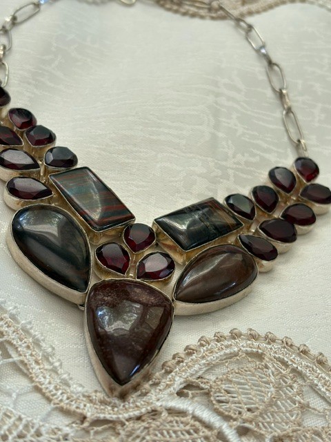 Artisan Silver Plated Multi‑Stone Teardrop Statement Necklace 13.5–17″