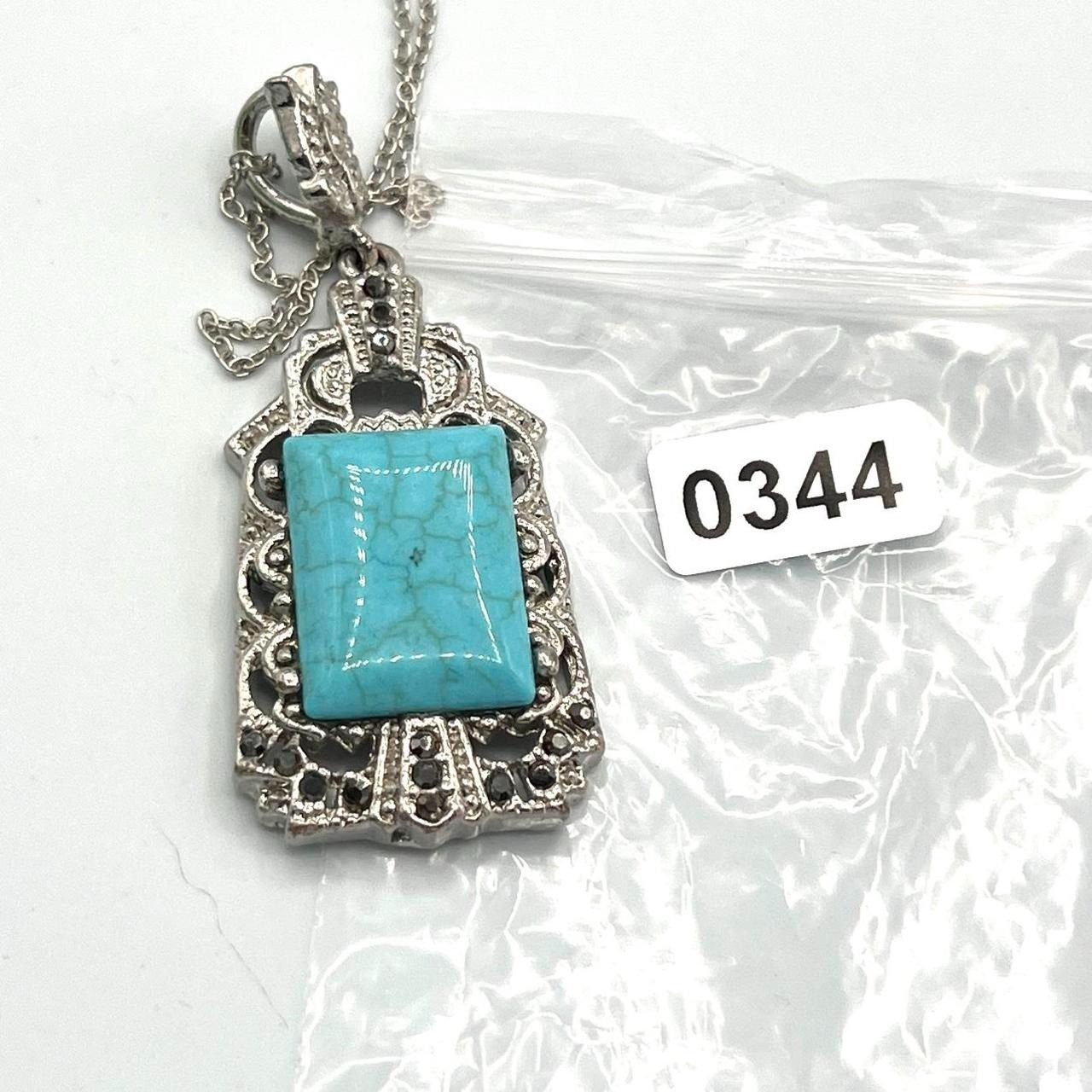 Vintage Style Silver Faux Turquoise Marcasite Pendant Necklace 18” Art Deco Rev
