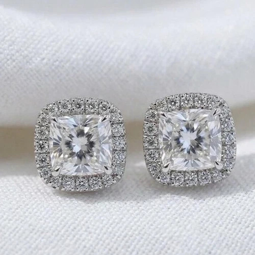 4 CT Cushion F-VS1 Lab Grown Diamond Women Wedding Stud Earrings 14K White Gold