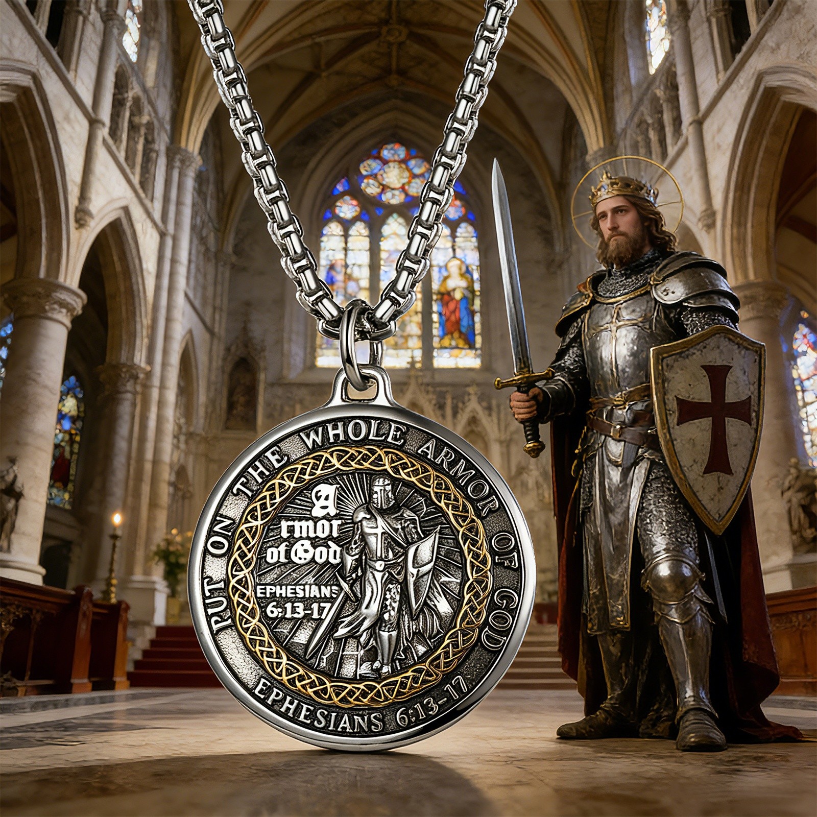 Men’s Round ‘Armor of God’ Pendant Bible Verse Necklace Religious Faith Jewelry