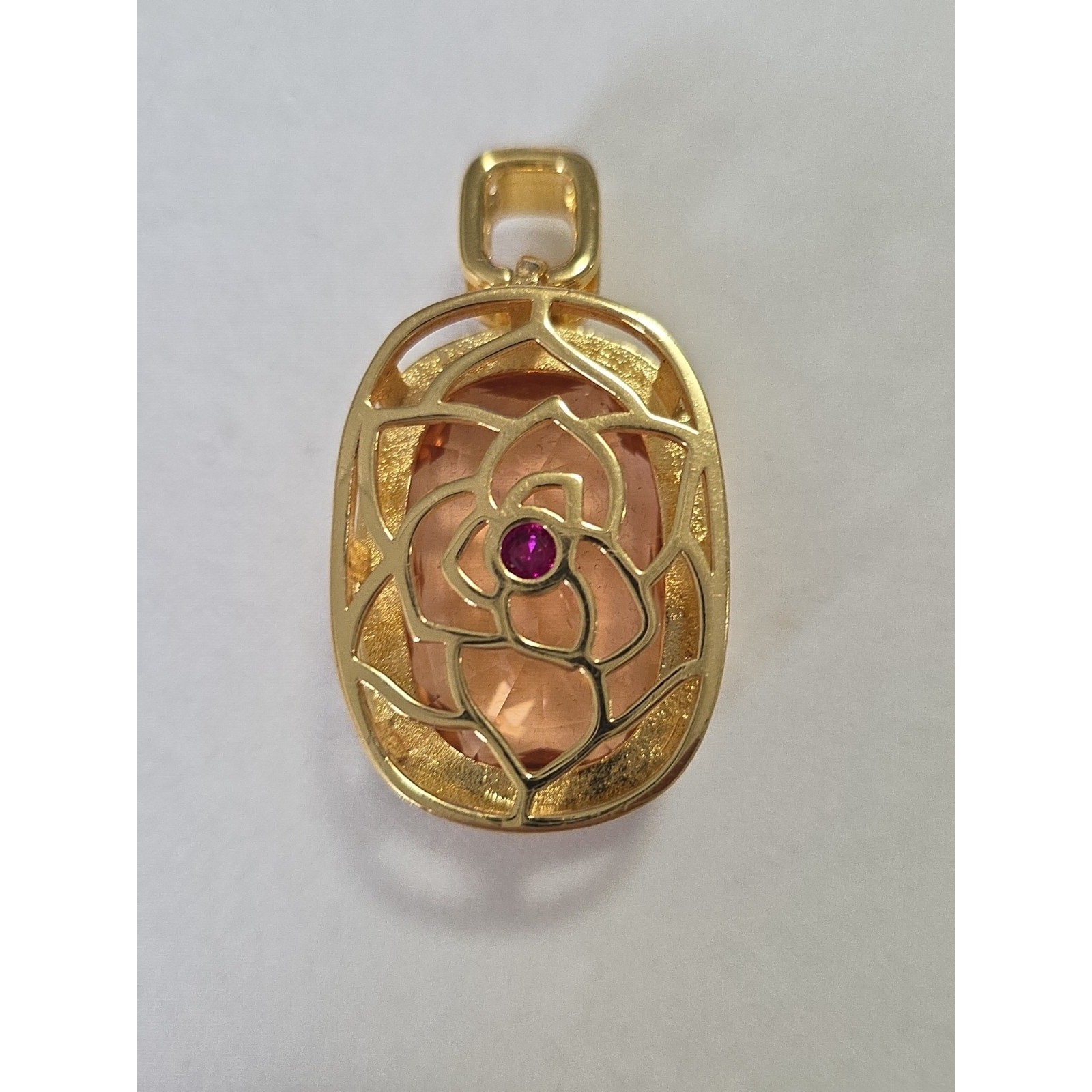 Large Light & Dark Pink Statement Pendant Reversible Floral Filigree Gold Tone