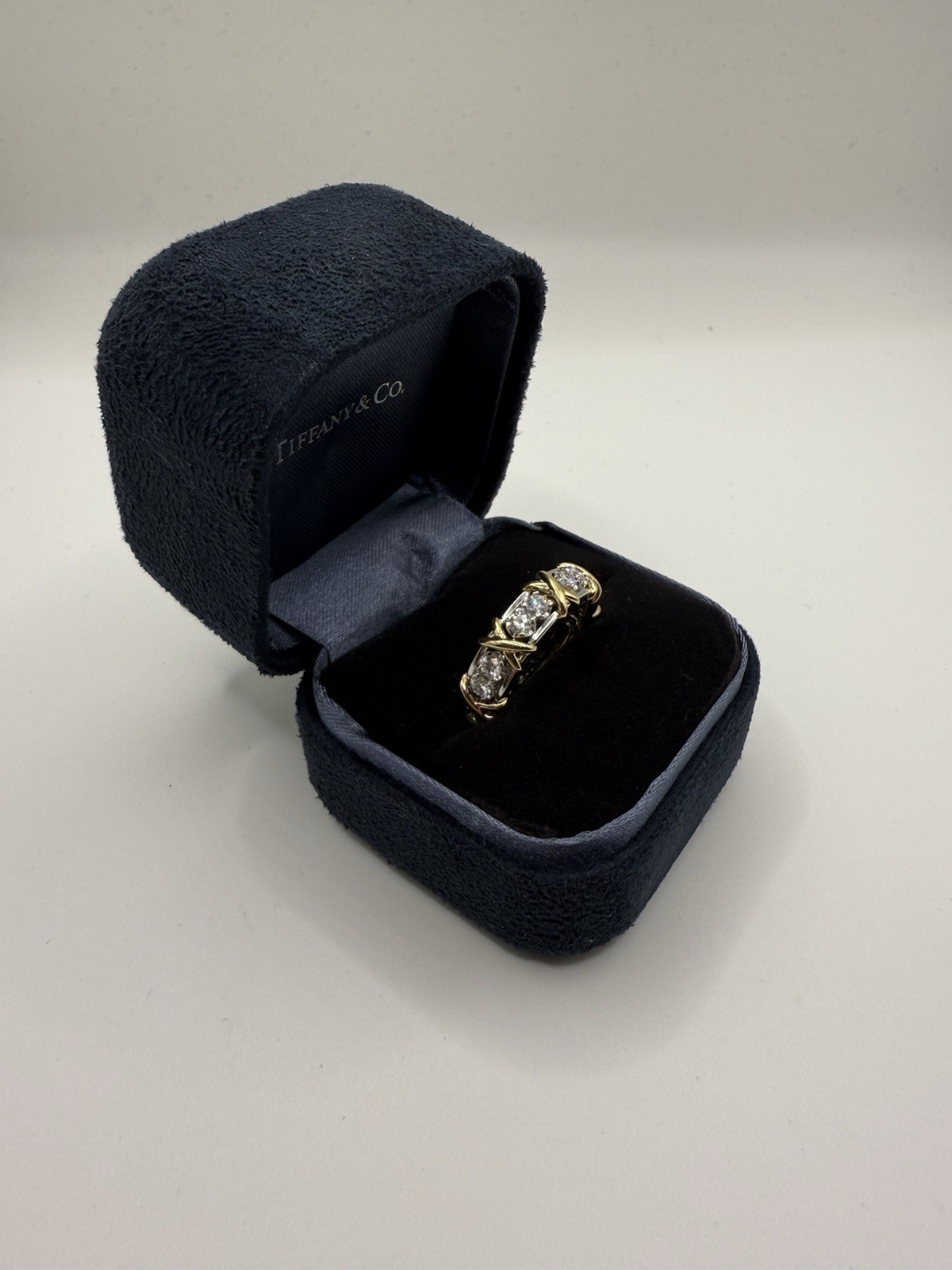 TIFFANY & CO. SCHLUMBERGER 16 STONE X DIAMOND 18K GOLD PLATINUM RING SIZE 7.0