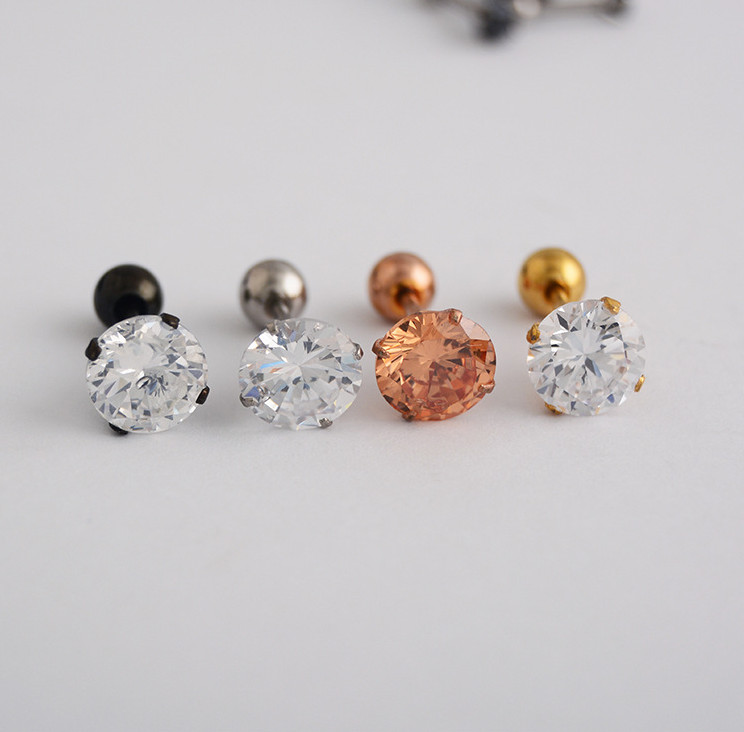 2Pcs Surgical Stainless Steel Round CZ Earrings Screw Back Ear Studs Men Women