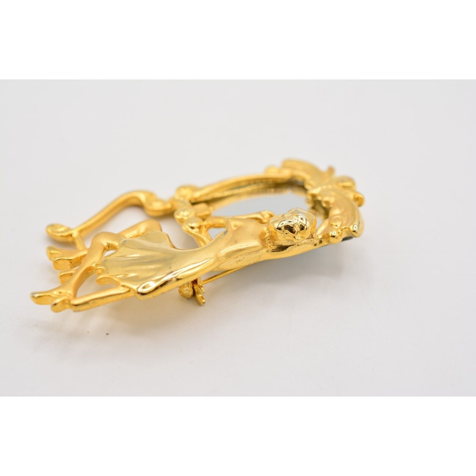 Vintage Vanity Mirror Pin Brooch Woman Beauty Brushed Gold Retro NOS 1980s BinA3